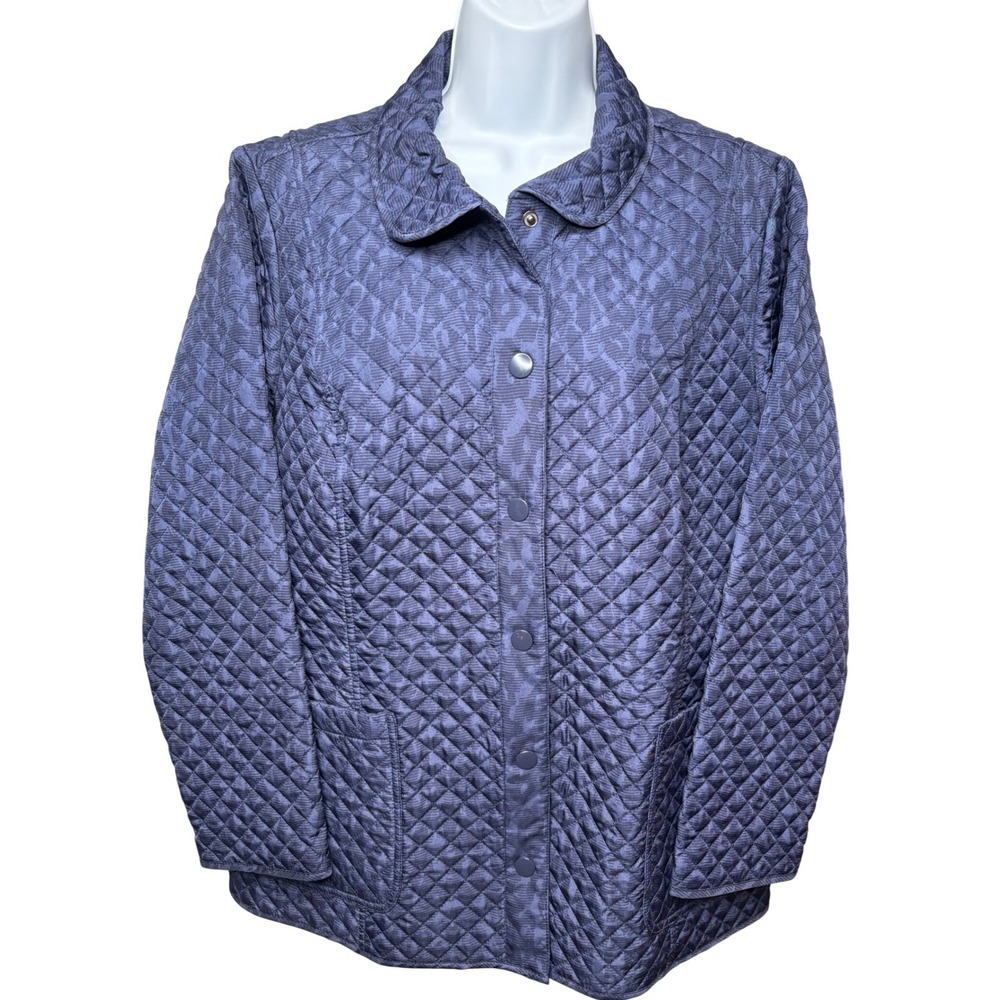 CHICO'S Women Navy Blue Leopard Print Quilted Snap Front Jacket Sz 2/L Polished